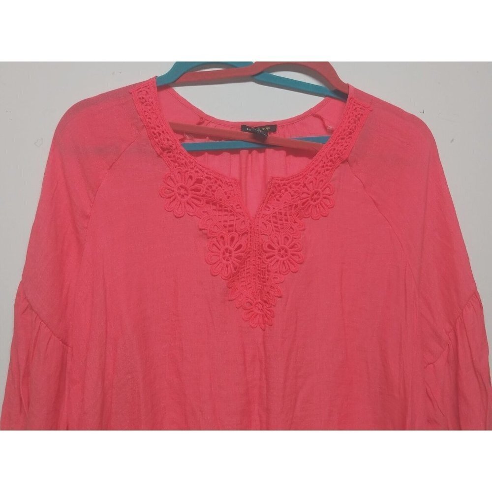 Robert Louis Top blouse Plus 3X coral lace accents 3/4 balloon sleeve pullover - Picture 3 of 8